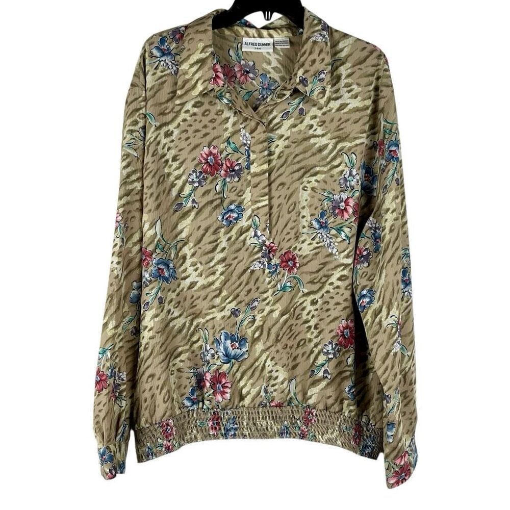 Alfred Dunner Tan Floral Leopard Animal Print Long Sleeve Blouse 24W